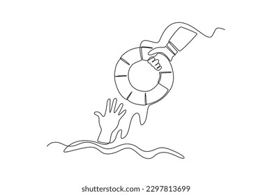 Single one line drawing hand gives lifebuoy. SOS concept. Continuous line draw design graphic vector illustration.