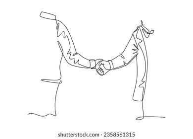 Single one line drawing of hand businessmen gesture in suite handshaking his business partner. Great teamwork. Business deal cooperation. Modern continuous line draw design graphic vector illustration