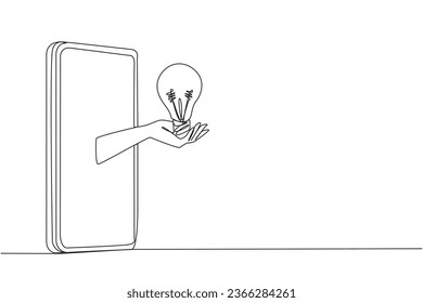 Single one line drawing the hand comes out from the middle of the smartphone holding the lightbulb. Idea for developing online buying selling application. Continuous line design graphic illustration