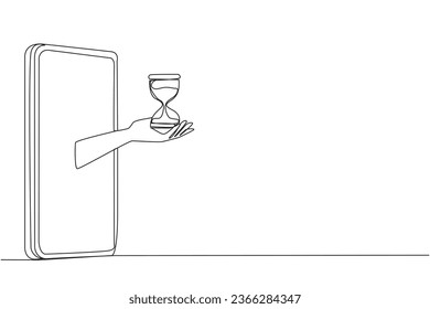 Single one line drawing hand coming out from the middle of the smartphone holding hourglass. National Customer Day is counting down. Online shopping day. Continuous line design graphic illustration