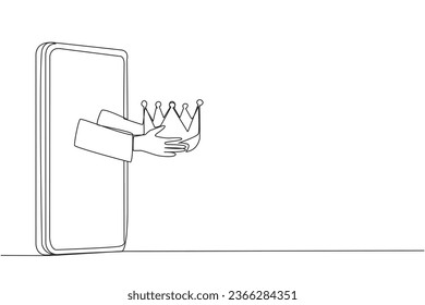 Single one line drawing the hand comes out from the middle of the smartphone holding crown. Symbol of a trusted online seller who has many loyal customers. Continuous line design graphic illustration