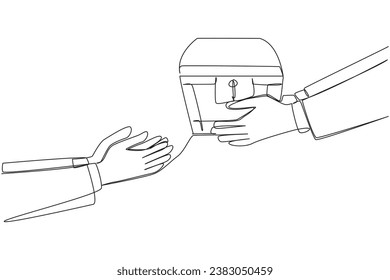 La mano de dibujo de una sola línea le da el cofre del tesoro a su colega. Gran confianza en el procesamiento de activos importantes. Gran capital para iniciar negocios rentables. Ilustración gráfica de diseño de línea continua