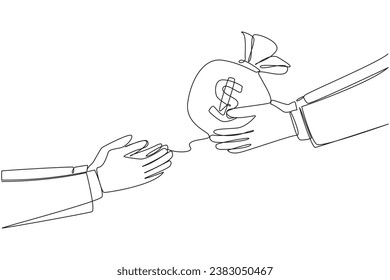Single one line drawing a hand gives a money bag. The additional capital required has been received. Get ready to turn it into the most profitable business. Continuous line design graphic illustration