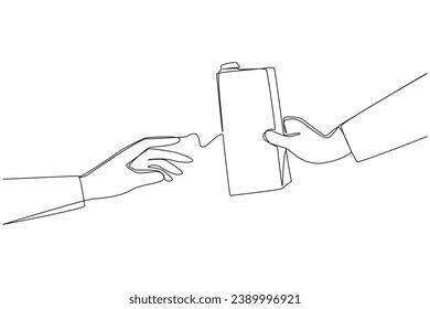 Single one line drawing hand giving tetra pack of milk. Share healthy moments together. Real milk drinks full of protein. Good for maintaining body health. Continuous line design graphic illustration