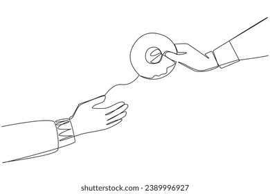 Single one line drawing hand giving donut. Provides soft donut snacks. Want to enjoy light and sweet food together. Share moments of togetherness. Enjoy. Continuous line design graphic illustration