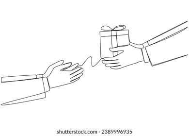 Single one line drawing hand giving gift box. Give appreciation. Rewards for achieving success. Award. An extraordinary achievement deserves recognition. Continuous line design graphic illustration