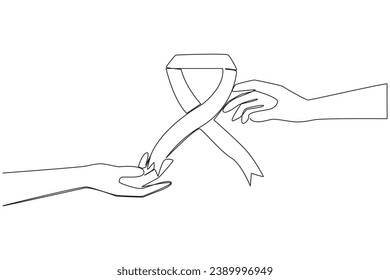 Single one line drawing hand giving ribbon sign. Charity activity symbol. Sign of mourning. Symbol of support and solidarity in society. Respect each other. Continuous line design graphic illustration