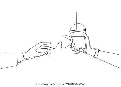 Single one line drawing hand giving boba drink. Refreshing drink that is high in sugar content. Drinks containing carbohydrates. Refreshing drink in summer. Continuous line design graphic illustration