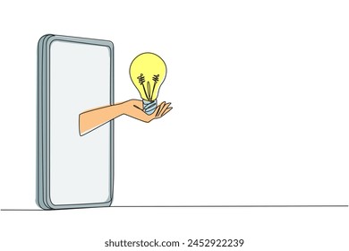 Single one line drawing the hand comes out from the middle of the smartphone holding the lightbulb. Idea for developing online buying selling application. Continuous line design graphic illustration