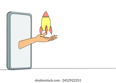 Una sola línea que dibuja la mano sale del centro del teléfono inteligente que sostiene el cohete. La metáfora de tomar el control total de un negocio en línea. Ilustración gráfica de diseño de línea continua