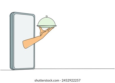 Single one line drawing hand comes out from the middle of the smartphone holding food tray. The analogy of ordering food for dinner. Online food shopping. Continuous line design graphic illustration