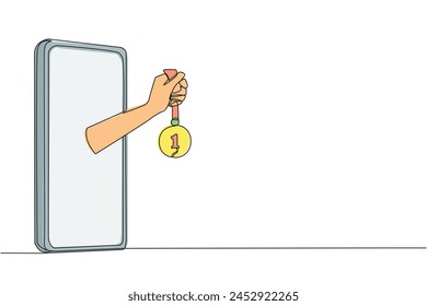 Single one line drawing the hand comes out from the middle of the smartphone holding the medal. Rewards from sellers for loyal customers. Online shop. Continuous line design graphic illustration