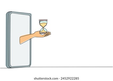 Single one line drawing hand coming out from the middle of the smartphone holding hourglass. National Customer Day is counting down. Online shopping day. Continuous line design graphic illustration