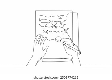 Single one line drawing hand writing on paper with pen. Cross and check mark symbols as correction notes. Improve writing skills. National Proofreading Day. Continuous line design graphic illustration