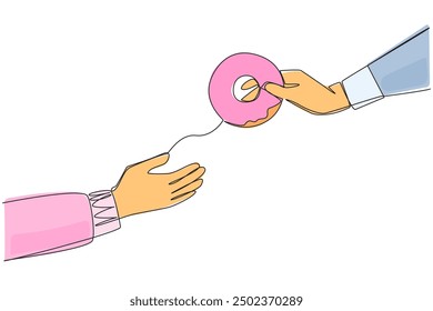 Single one line drawing hand giving donut. Provides soft donut snacks. Want to enjoy light and sweet food together. Share moments of togetherness. Enjoy. Continuous line design graphic illustration