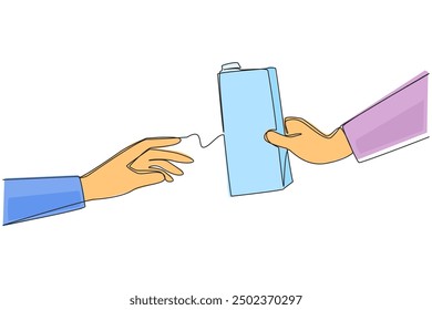 Single one line drawing hand giving tetra pack of milk. Share healthy moments together. Real milk drinks full of protein. Good for maintaining body health. Continuous line design graphic illustration