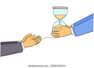 Single one line drawing a hand gives hourglass to colleague. The countdown begins. Agreement reached. Work must not exceed the deadline. Time management. Continuous line design graphic illustration