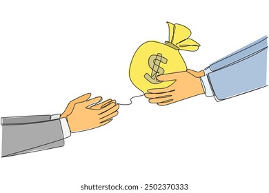 Single one line drawing a hand gives a money bag. The additional capital required has been received. Get ready to turn it into the most profitable business. Continuous line design graphic illustration
