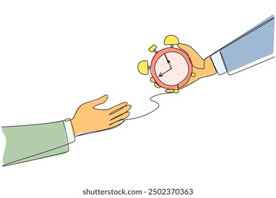 Single one line drawing hand gives alarm clock to colleague. Submit difficult assignments so as not to miss deadline. Share tasks to keep business running. Continuous line design graphic illustration
