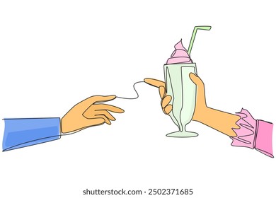 Single one line drawing hand giving milkshake. Cold drink made from mixture of milk, syrup, ice cream. Drinks served using straws. Has many flavor variants. Continuous line design graphic illustration