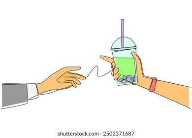 Single one line drawing hand giving boba drink. Refreshing drink that is high in sugar content. Drinks containing carbohydrates. Refreshing drink in summer. Continuous line design graphic illustration