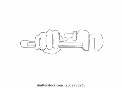 Single one line drawing hand holding plumber pipe wrench. Maintaining water pipes to prevent leaks. Very useful hand tool. Repairman. World Plumbing Day. Continuous line design graphic illustration