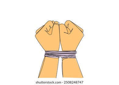 Single one line drawing of hand tied with rope. Entrepreneur involved in bribery case. Looking for profits without rules. Arrested. Detained. Impoverished. Continuous line design graphic illustration
