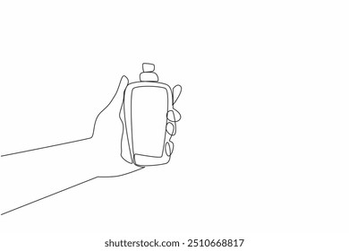 Uma única linha desenhando mão segurando frasco de perfume. Eau de toilette. Eau de parfum. Extrait de parfum. Perfume. Níveis de fragrância Dia Nacional da Fragrância. Ilustração gráfica de design de linha contínua