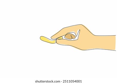 Una sola línea dibujando a mano sosteniendo el hojaldre de queso crujiente. Tan crujiente cuando se mastica. Elaborado con un delicioso queso seleccionado. Sabroso. Día Nacional del Doodle de Queso. Ilustración gráfica de diseño de línea continua