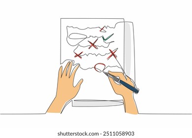 Single one line drawing hand writing on paper with pen. Cross and check mark symbols as correction notes. Improve writing skills. National Proofreading Day. Continuous line design graphic illustration