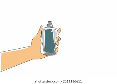 Uma única linha desenhando mão segurando frasco de perfume. Eau de toilette. Eau de parfum. Extrait de parfum. Perfume. Níveis de fragrância Dia Nacional da Fragrância. Ilustração gráfica de design de linha contínua