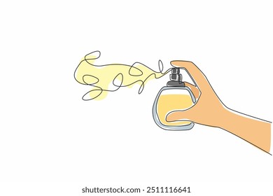 Single one line drawing hand spraying perfume bottle. Trying the latest perfume scent. A scent that can calm the mind. Fragrant. National Fragrance Day. Continuous line design graphic illustration