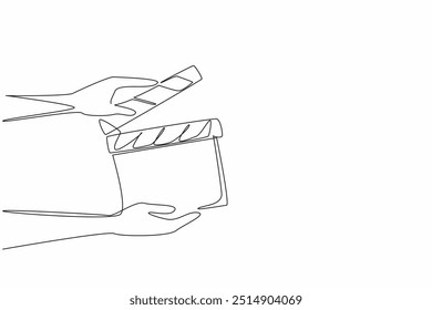 Una sola línea dibujando la mano sostiene una palmada abierta. Proceso de realización de películas. Herramienta útil para editores de cine. Sincronización Día Nacional de los Guionistas. Ilustración gráfica de diseño de línea continua