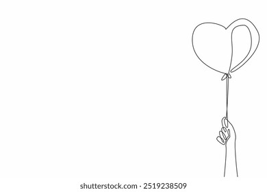 Una sola línea dibujando una mano sostiene un globo en forma de corazón. La esperanza, la alegría y la búsqueda de los sueños. Flota libremente en el cielo. Actos aleatorios del Día de la Bondad. Ilustración gráfica de diseño de línea continua