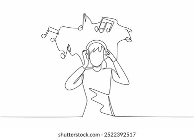 Uma única linha desenhando mão segurando fones de ouvido como vários símbolos de som voam acima da cabeça da mulher. Uma fuga musical. Paz. Solo. Dia Mundial da Terapia Musical. Ilustração gráfica de design de linha contínua