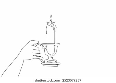 Single one line drawing hand holding candlestick with a lit candle. Share light and warmth. The only source of light in the darkness. World Candle Day. Continuous line design graphic illustration