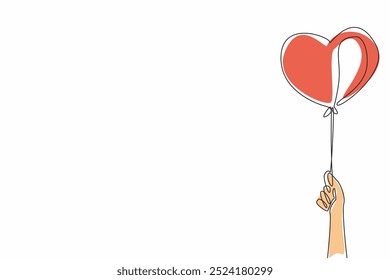 Single one line drawing a hand holds a heart-shaped balloon. Hope, joy, and the pursuit of dreams. Floats freely into the sky. Random Acts of Kindness Day. Continuous line design graphic illustration