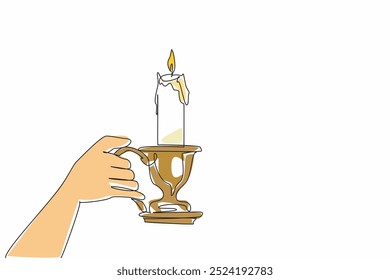 Single one line drawing hand holding candlestick with a lit candle. Share light and warmth. The only source of light in the darkness. World Candle Day. Continuous line design graphic illustration