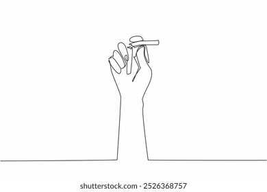 Single one line drawing one hand is breaking a cigarette into 2 parts. Stop the bad habit that does not have many benefits. Smoking is a waste of time. Continuous line design graphic illustration