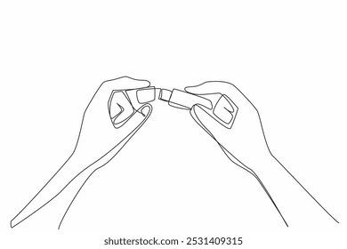 Single one line drawing hand holding and opening the lid of the flash drive. Reliable technology. A large enough memory capacity. National Flash Drive Day. Continuous line design graphic illustration