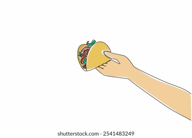 Una sola línea dibujando la mano sosteniendo el taco de lado. Ofreciendo refrigerios típicos mexicanos de Texas. Comida tradicional. Sabor picante. Día Nacional del Taco Crujiente. Ilustración gráfica de diseño de línea continua