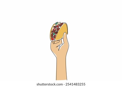 Una sola línea dibujando a mano sosteniendo un delicioso taco desde abajo. Crujiente. Perfecta mezcla de relleno y tortilla. Cursi. Sabroso. Día Nacional del Taco Crujiente. Ilustración gráfica de diseño de línea continua