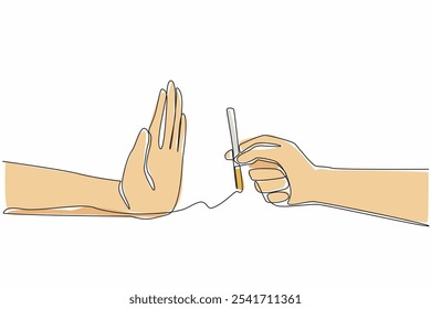 Una sola línea dibujando una mano sosteniendo un cigarrillo y la otra mano levantada como para detenerse. Diga no a las sustancias que contienen muchos peligros. No al tabaco. Ilustración gráfica de diseño de línea continua