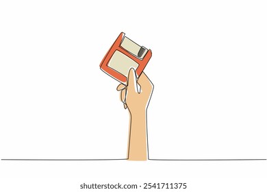 Single one line drawing hand holding a floppy disk. Ancient storage technology. Small storage size. Easily infected by viruses. Diskette. World Backup Day. Continuous line design graphic illustration