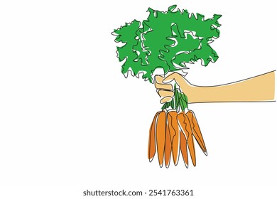 Single one line drawing hand holding several carrots with very thick leaf tips. Carrot farmers get the desired results. Healthy. International Carrot Day. Continuous line design graphic illustration