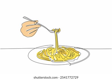 Una sola línea dibujando espaguetis de horquilla de mano de una placa redonda. Pruebe la comida tradicional que se ha servido. Gourmet. Delicioso. Día Nacional del Carbonara. Ilustración gráfica de diseño de línea continua