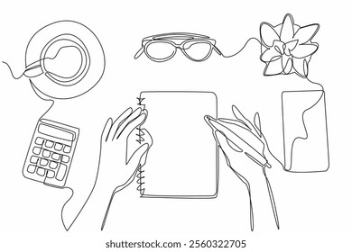 Single one line drawing hand holding pen and notebook. Designing a hopeful future. List of holiday lists. Determine the budget. National Bucket List Day. Continuous line design graphic illustration