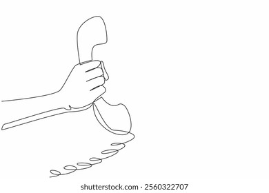 Single one line drawing hand holding a retro telephone receiver with its coiled cord. Pick up a phone call. Old-school technology. National Telephone Day. Continuous line design graphic illustration