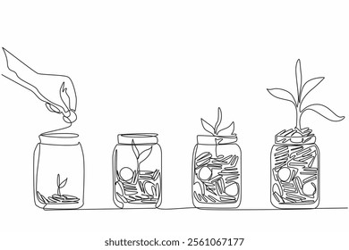 Single one line drawing hand inserts a coin into a jar containing a pile of coins and a tree. Investment for the future. National Financial Awareness Day. Continuous line design graphic illustration