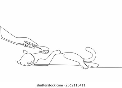 Single one line drawing hand combing a sleeping cat with an animal comb. Simple care that requires patience. Concern. National Hairball Awareness Day. Continuous line design graphic illustration